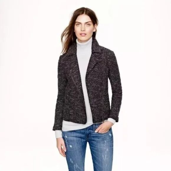 J. Crew Black and White Tweed Moto Style Jacket Blazer Size 12 - Picture 1 of 8